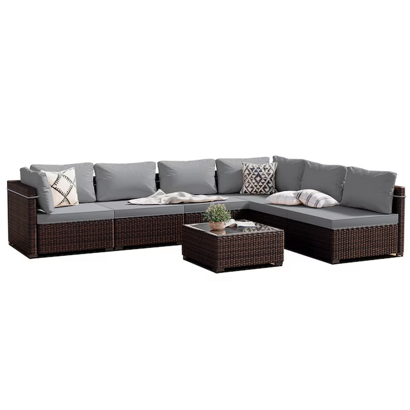 7-Piece Rattan Patio Conversation Set with Beige Cushions