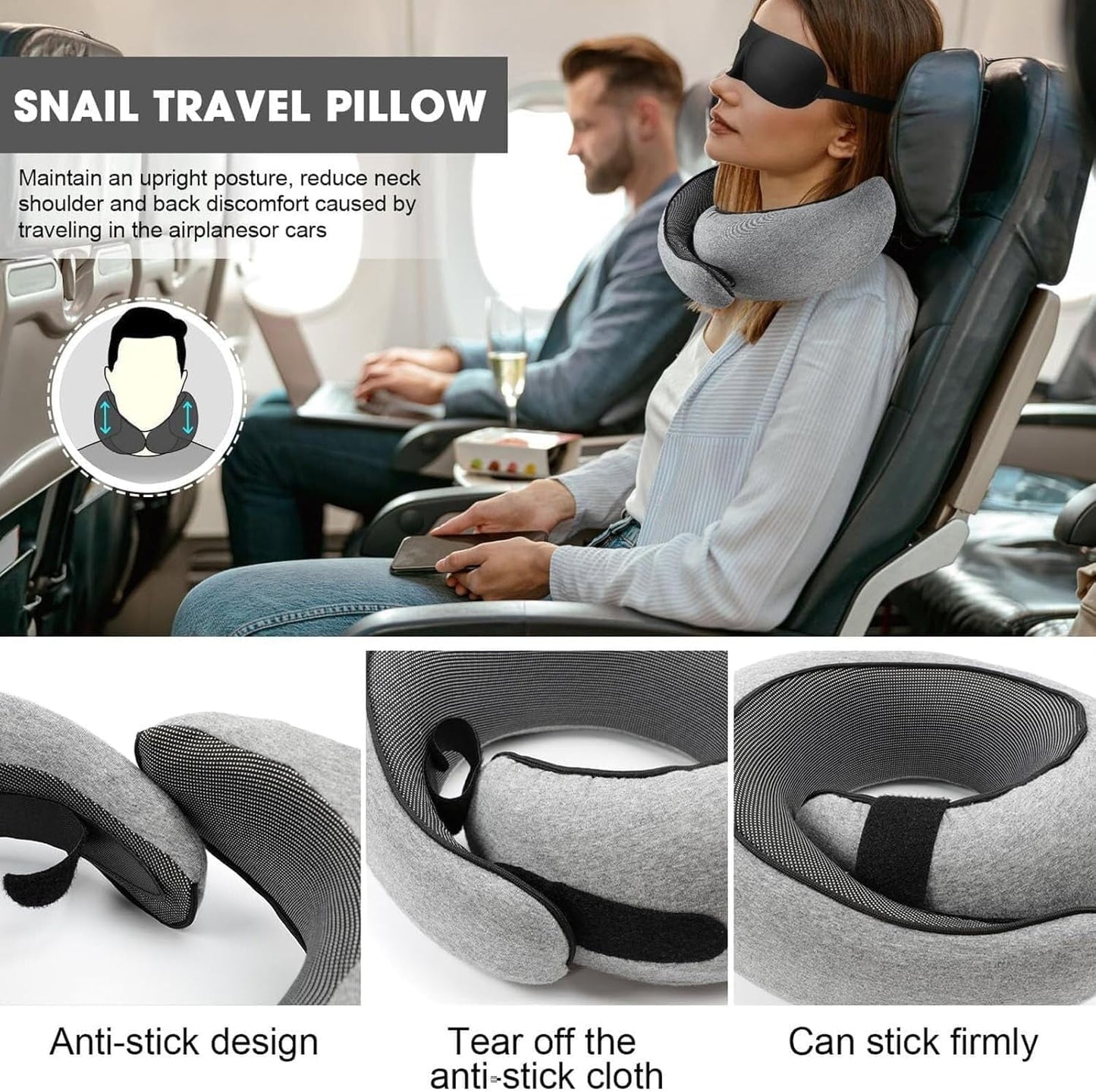 Travel Pillows for Airplanes, Travel Neck Pillow Travel Pillow, 360° Support Memory Foam Travel Pillow with 3D Contoured Eye Mask, Earplugs and Storage Bag for Airplanes Offices, Cars, Gray