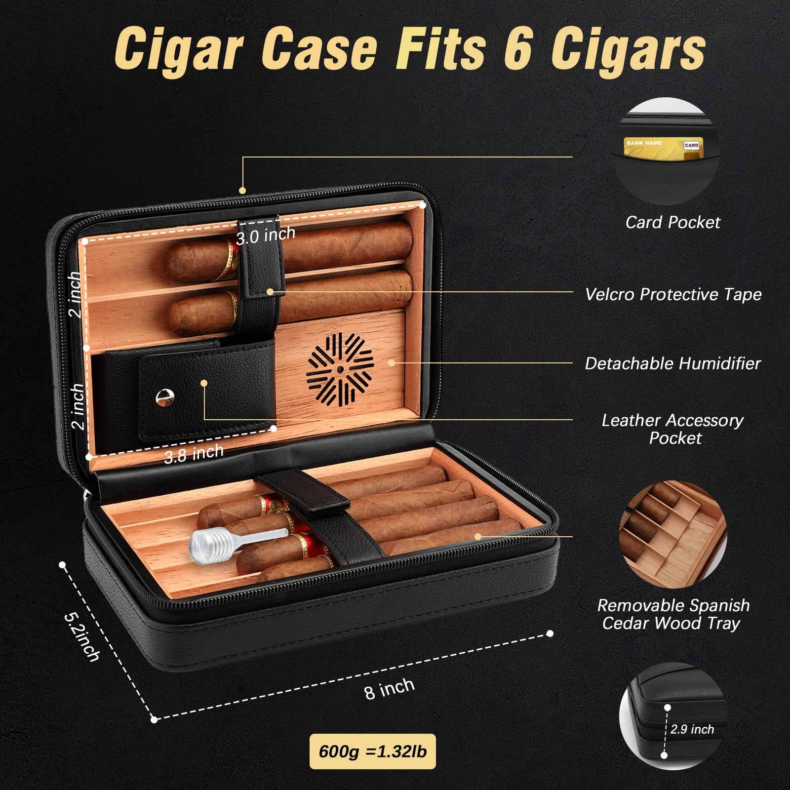 Cigar Humidor, Cedar Wood Cigar Case with Cigar Lighter, V Cut Cigar Cutter,Cigar Holder 3 in 1 Travel Cigar Humidor Box