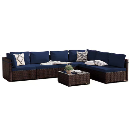 7-Piece Rattan Patio Conversation Set with Beige Cushions