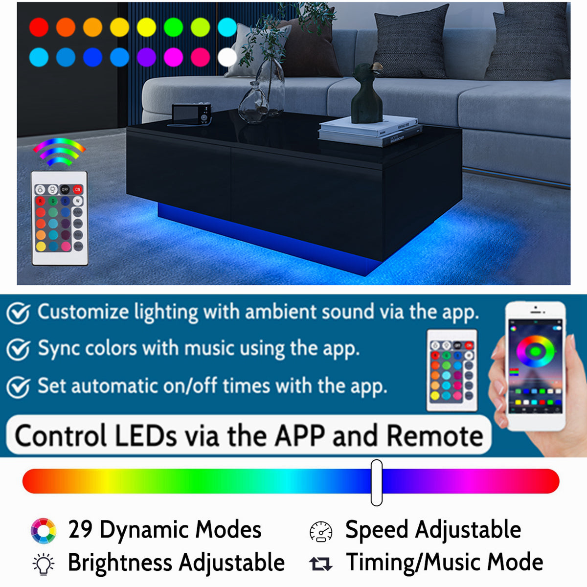 LED Coffee Table with 4 Drawers Modern Center Cocktail End Side Table Black High Gloss Finish for Living Room