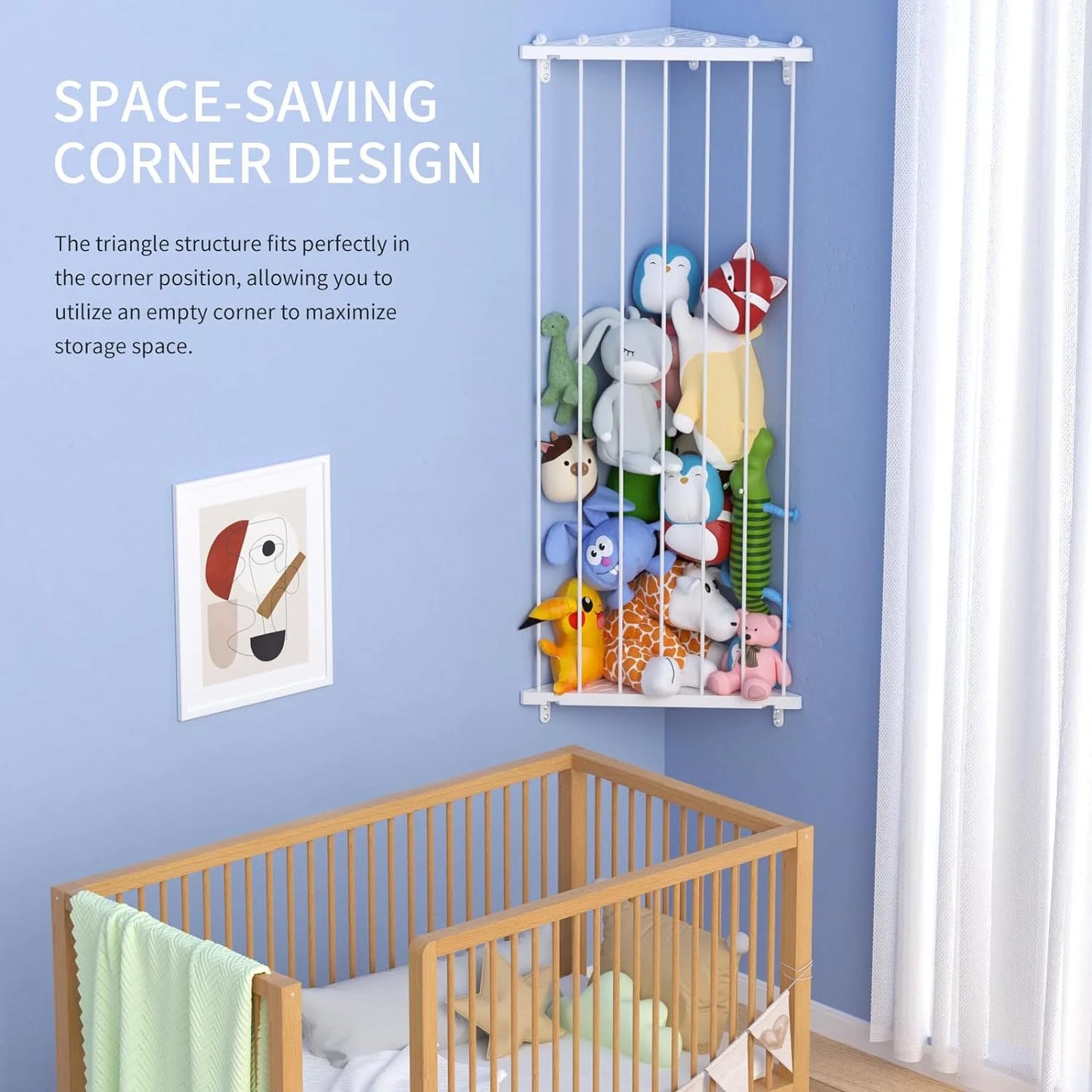 Corner Stuffed Animal Storage Toy Organizer: Kids Room Stuffed Animal Holder Length Adjustable Toys Shelf - Large Corner Plush Toys Storage for Nursery Playroom Bedroom - White with Light