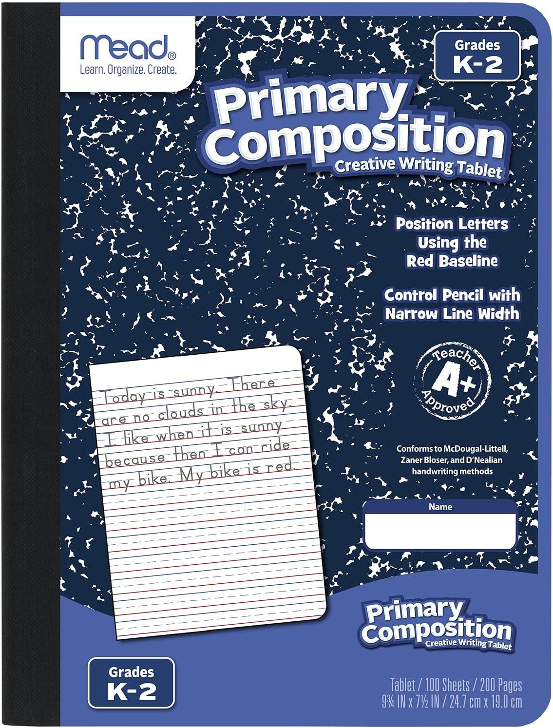 Primary Composition Notebook, Wide Ruled Paper, Grades K-2 Writing Workbook, 9-3/4" X 7-1/2", 100 Sheets, Blue Marble (09902)