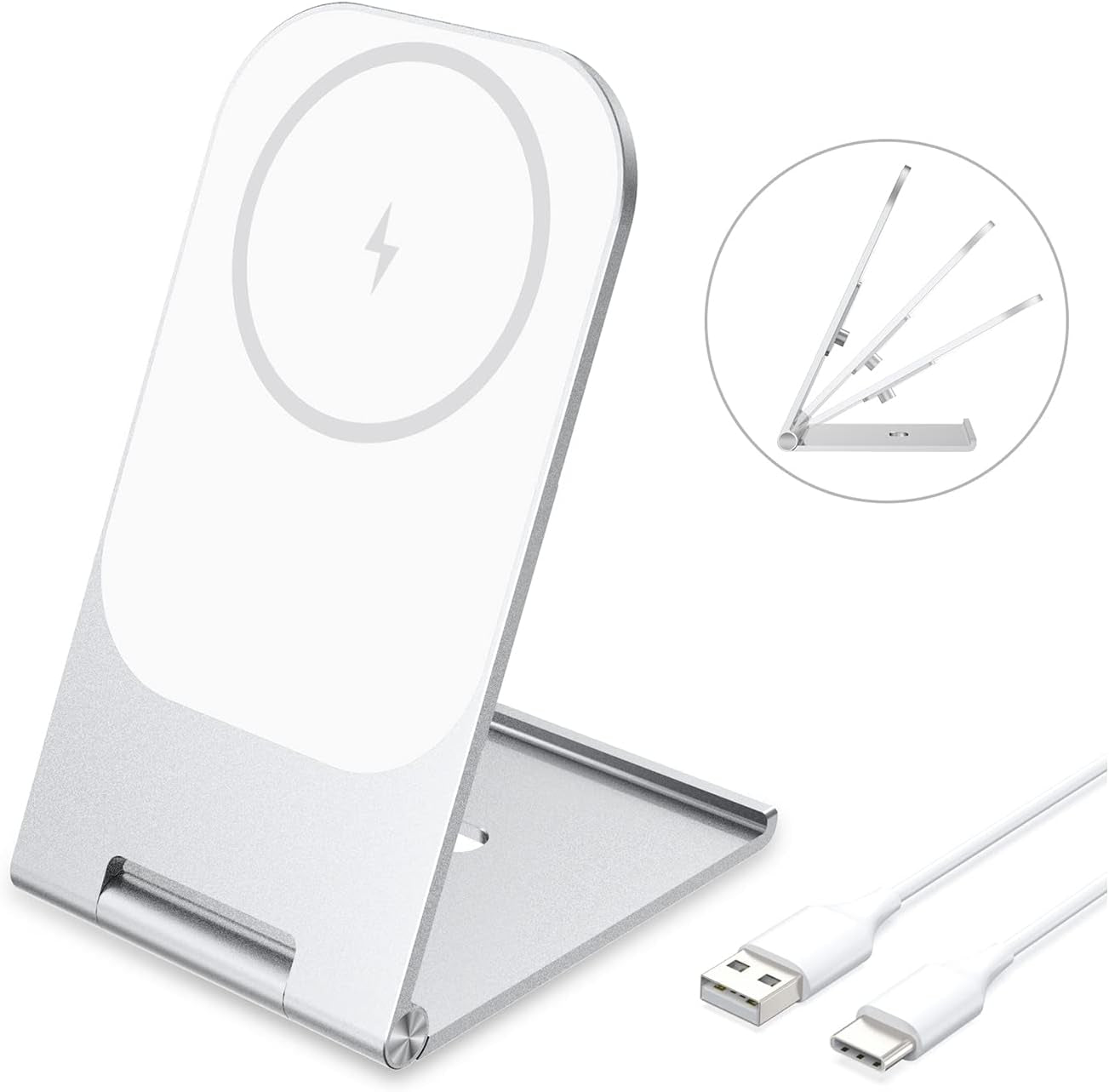 Wireless Charger for Apple Magsafe, Iphone Stand Holder for Desk, Foldable Aluminum Alloy Magnetic Wireless Charger for Apple Iphone 13 Pro Max, 13 Pro, 13, 13 Mini, 12 Pro Max, 12 Pro, 12, 12 Mini