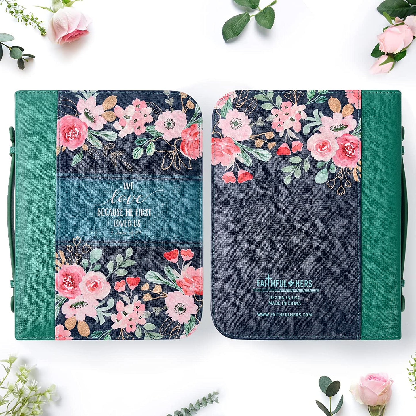 Bible Cover Case for Women with 7 Beautiful Paper Bookmarks Floral PU Leather Bible Cover Bag with Pockets and Zipper for Standard and Large Size Study Bible 10.8"X7.8"X2" (Dark Green)