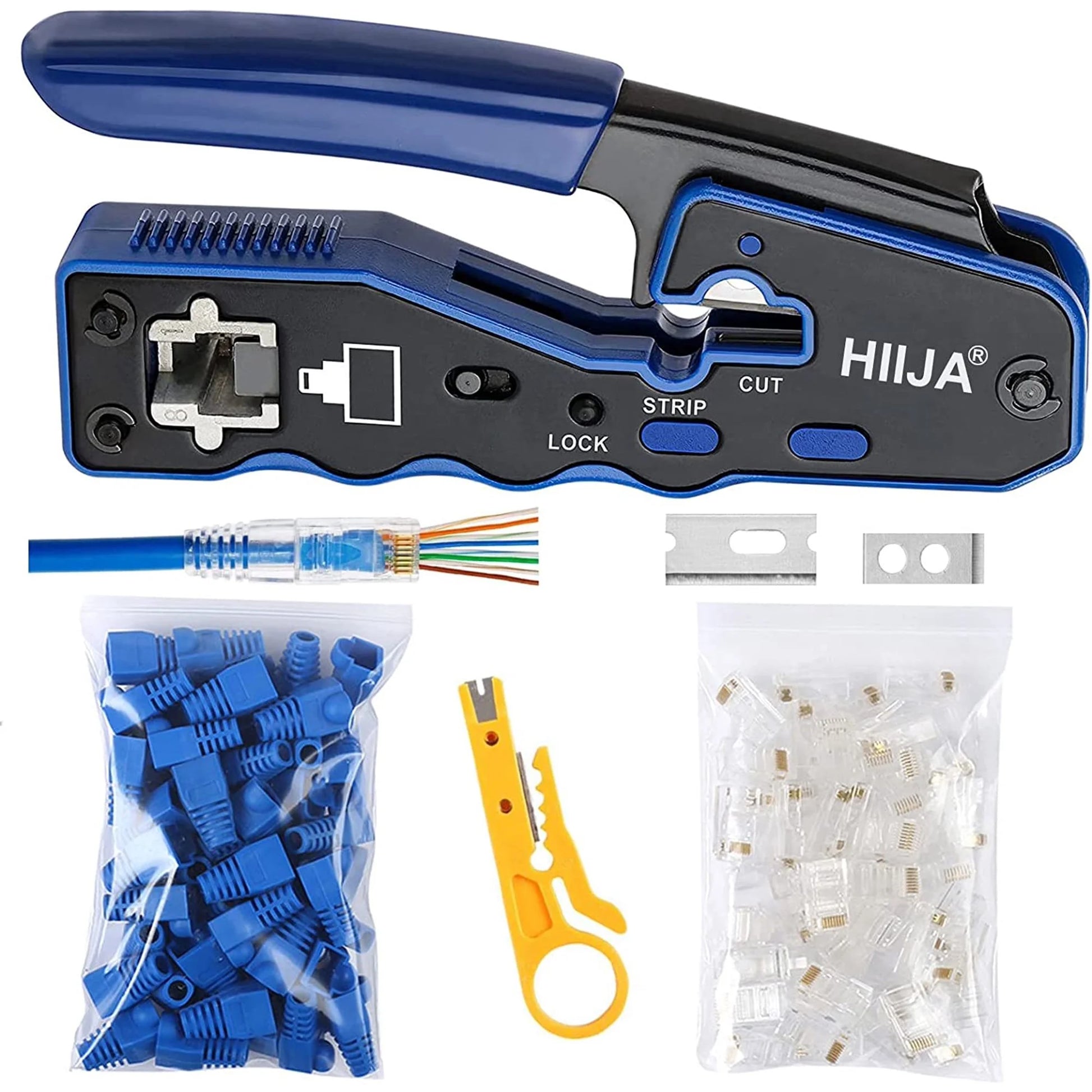 RJ45 Crimp Tool Kit, RJ45 Crimper Cat6 Crimping Tool Ethernet Crimper with 50PCS Cat5E Cat6 Connectors, 50PCS Covers