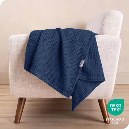 Waffle Blanket - 100% Cotton - Lightweight & Breathable - Full/Queen, Dark Blue