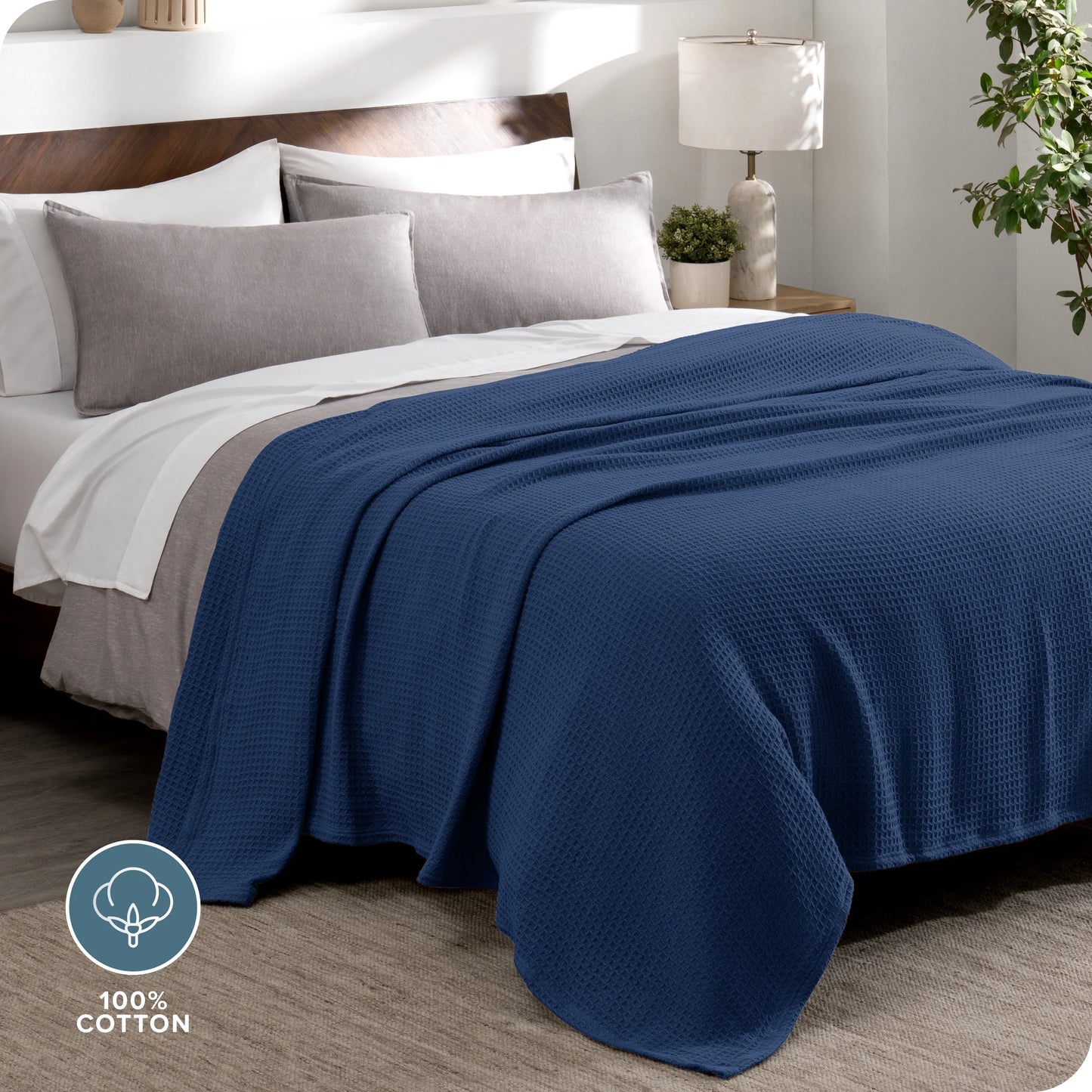 Waffle Blanket - 100% Cotton - Lightweight & Breathable - Full/Queen, Dark Blue