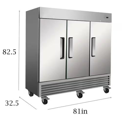 81 In. W 72 Cu. Ft. Auto / Cycle Defrost 3-Door Commercial Upright Reach-In Freezer in Stainless Steel