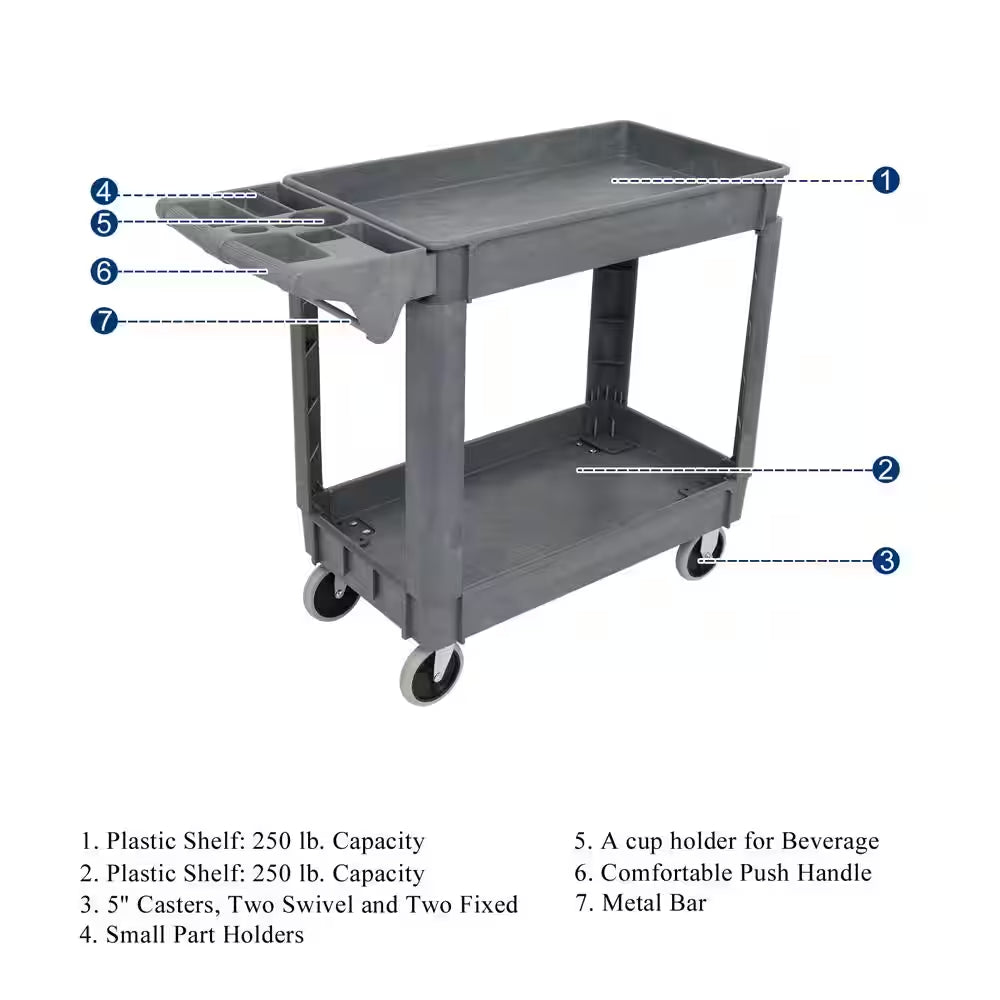 2-Shelf Heavy-Duty Plastic 4-Wheeled Tool Storage Utility Cart in Gray