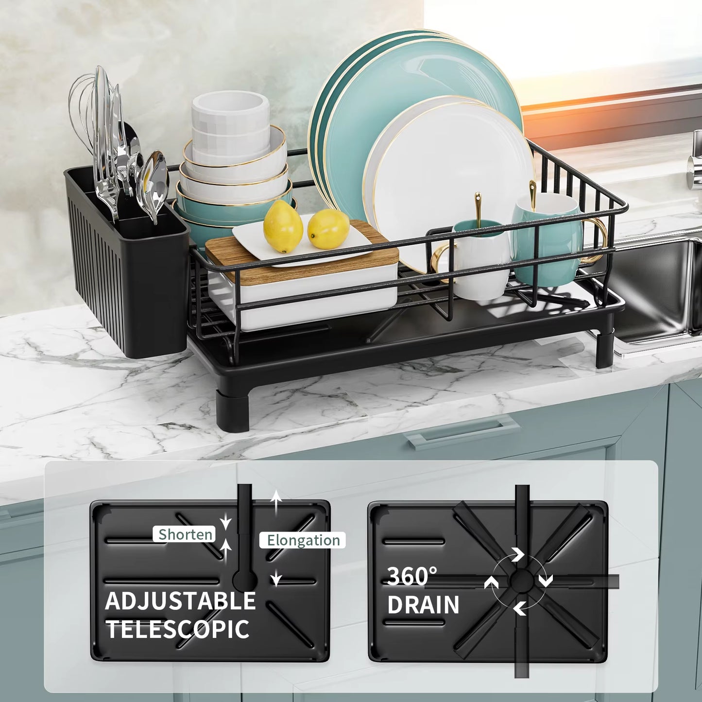 1Pc Dish Drying Rack Kitchen Countertop Tableware Storage with Automatic Drying Black White