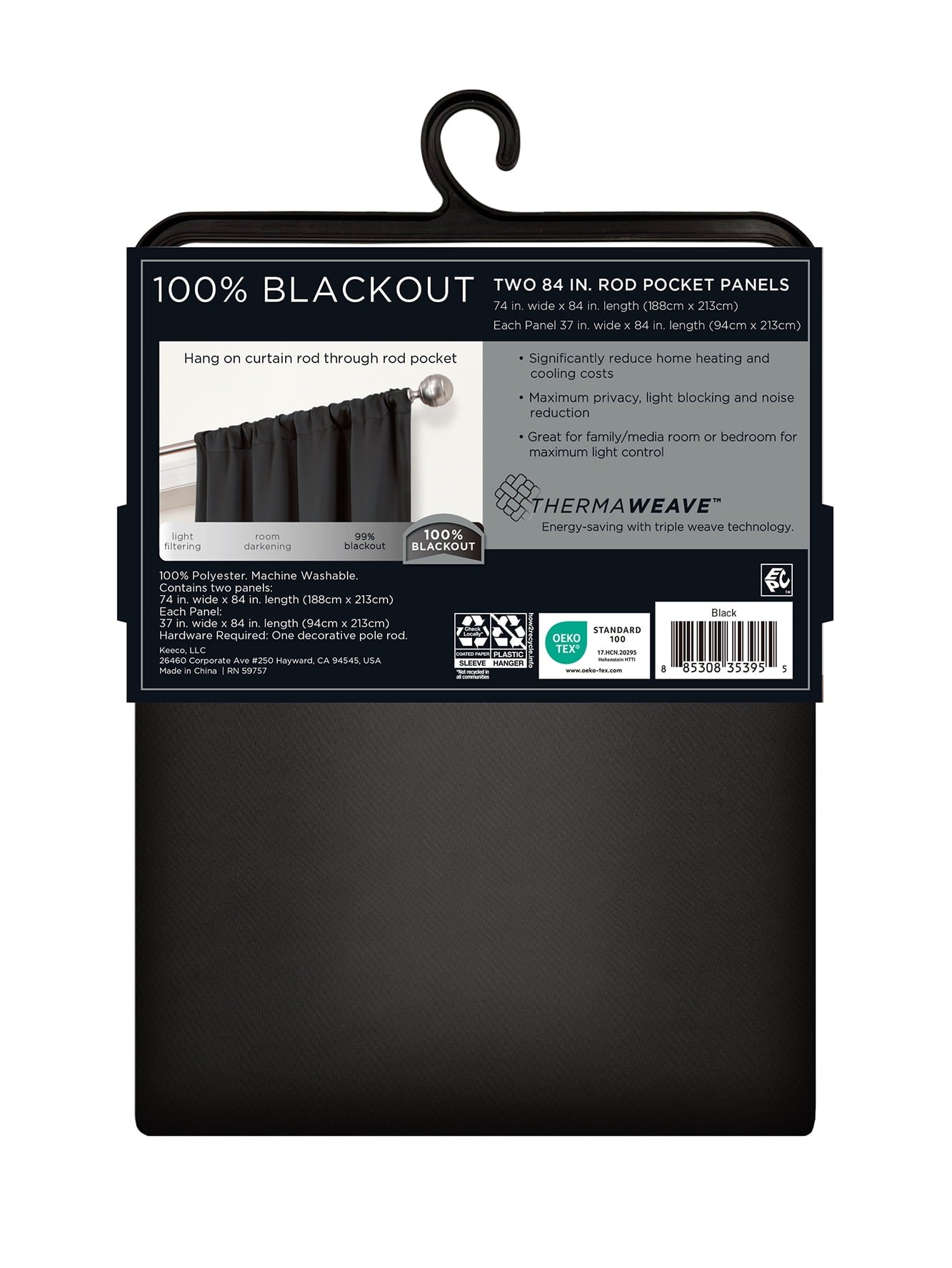 (3 Pack)  Phoenix Solid Blackout Curtain, Panel Pair, Black, 37"W X 84"L