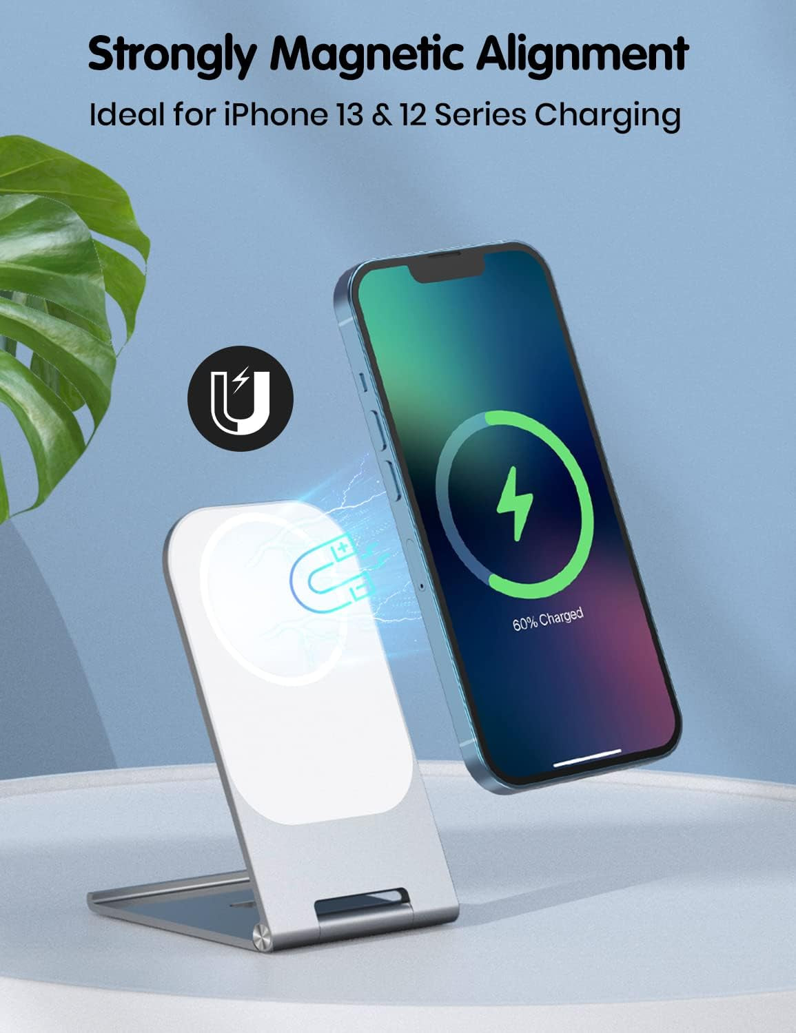 Wireless Charger for Apple Magsafe, Iphone Stand Holder for Desk, Foldable Aluminum Alloy Magnetic Wireless Charger for Apple Iphone 13 Pro Max, 13 Pro, 13, 13 Mini, 12 Pro Max, 12 Pro, 12, 12 Mini