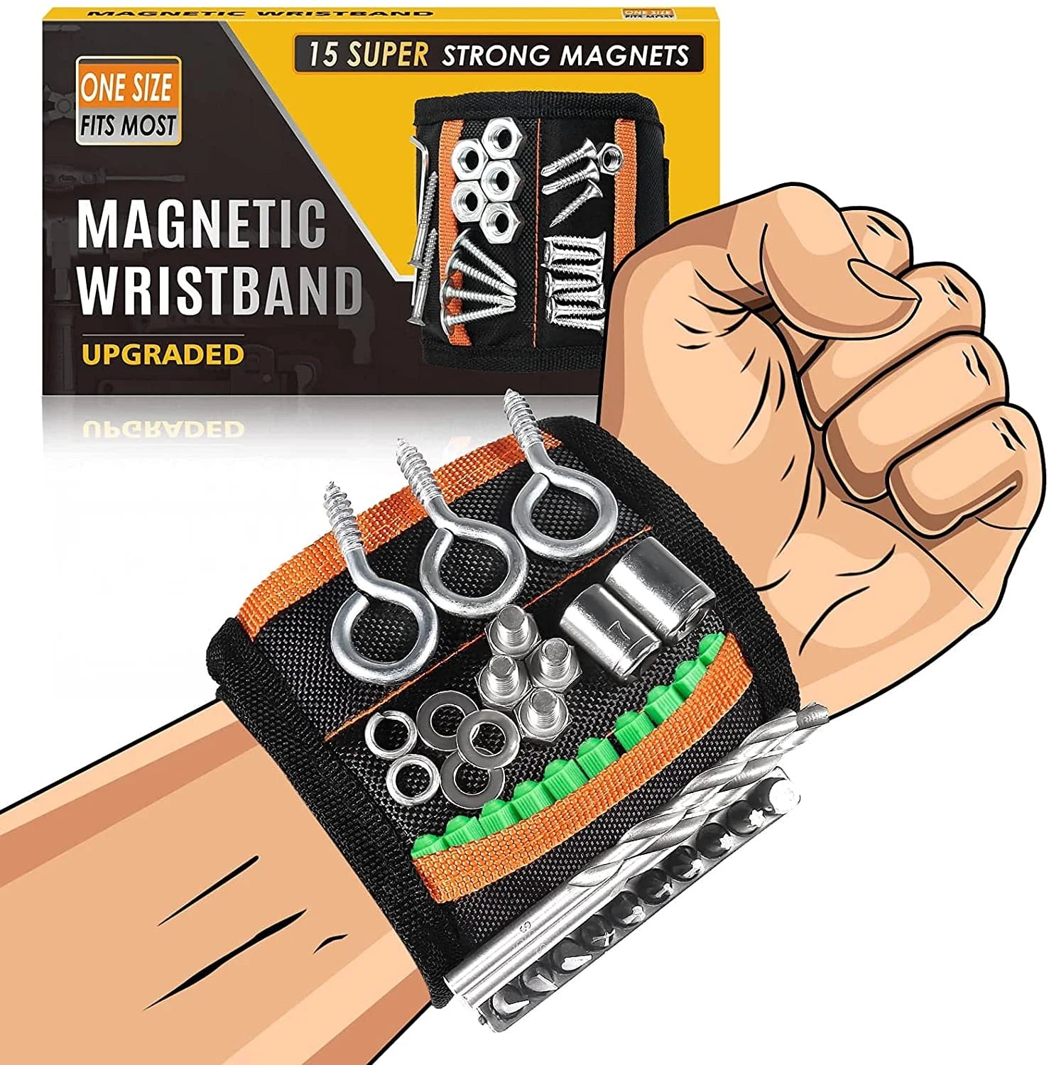 Magnetic Wristband Tool Belt with 15 Strong Magnets for Holding Screws, Nails, Wrenches, Drill Bits - Cool Gadgets Gifts for Men Dad Husband DIY Handyman