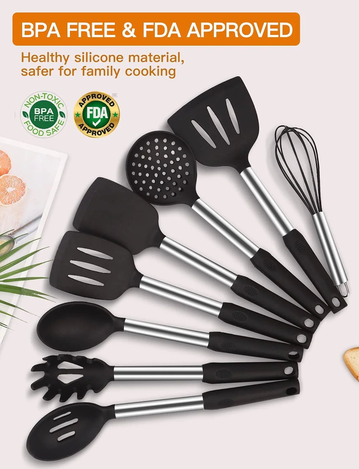 Silicone Cooking Utensil Set,14Pcs Silicone Cooking Kitchen Utensils Set, Non-Stick Heat Resistant - Best Kitchen Cookware with Stainless Steel Handle (Black)