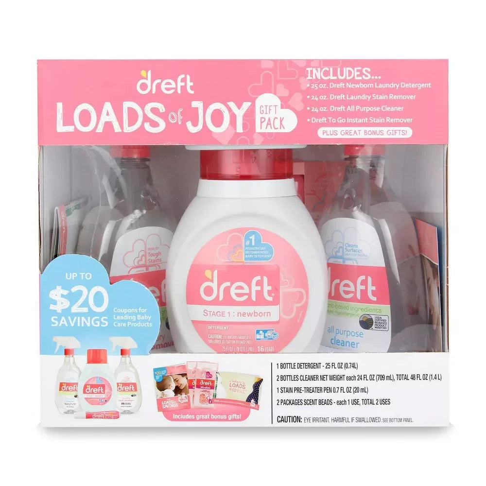 Loads of Joy Baby Gift Set with Laundry Detergent and Stain Remover, Infant Essentials, 16 Loads, 8 Pieces