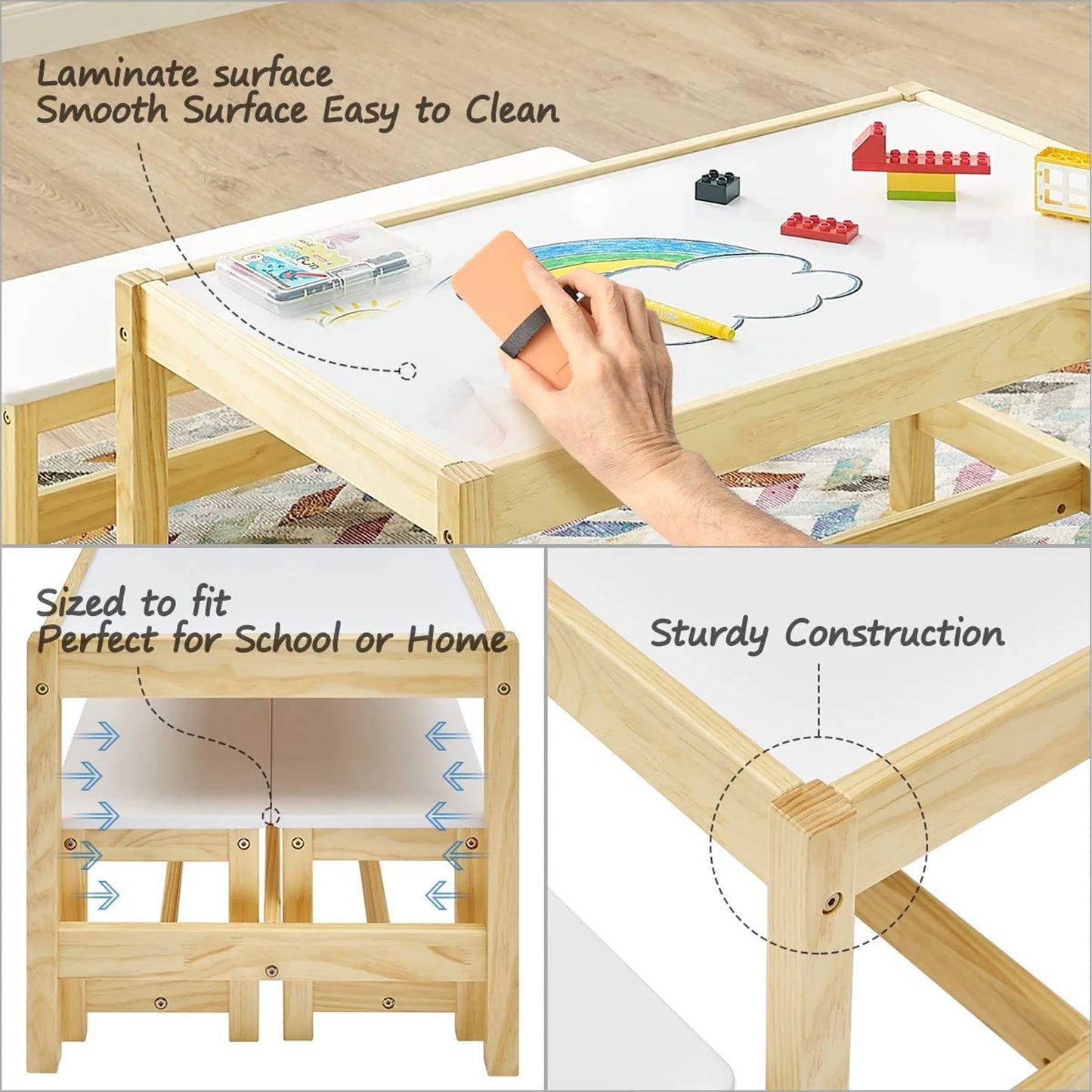 Wooden 3 in 1 Kids Toddlers Play Table and Bench Chair Set