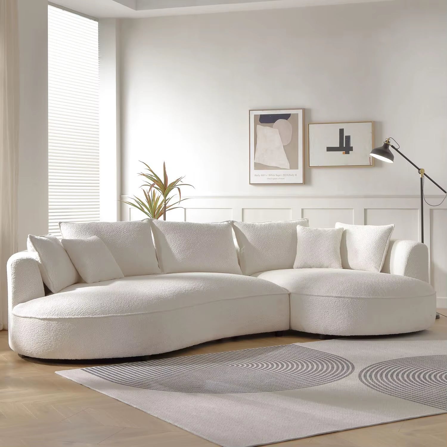 124.8" Modern Curved Sofa Couch, Upholstery Boucle Sofa with Pillows, Right Hand Facing Sectional Boucle Fabric Couch