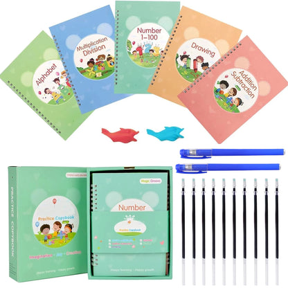 Grooved Magic Practice Copybook, Reusable Writing Workbook for 3-8 Kids,(5Books with 2Pens)