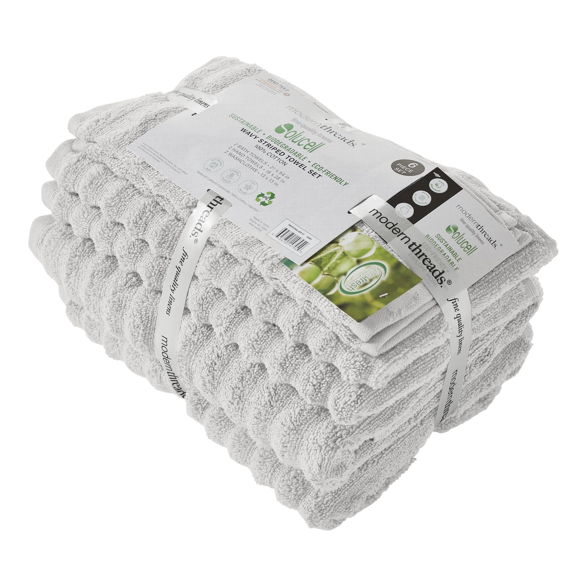 Wavy 6-Piece Adult Bath Towel Set, Quick Dry 100% Luxury Cotton, White