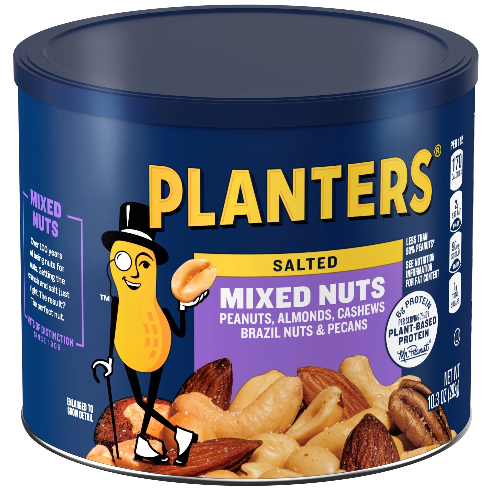 Salted Mixed Nuts, Party Snacks, Plant-Based Protein 10.3Oz (1 Canister)