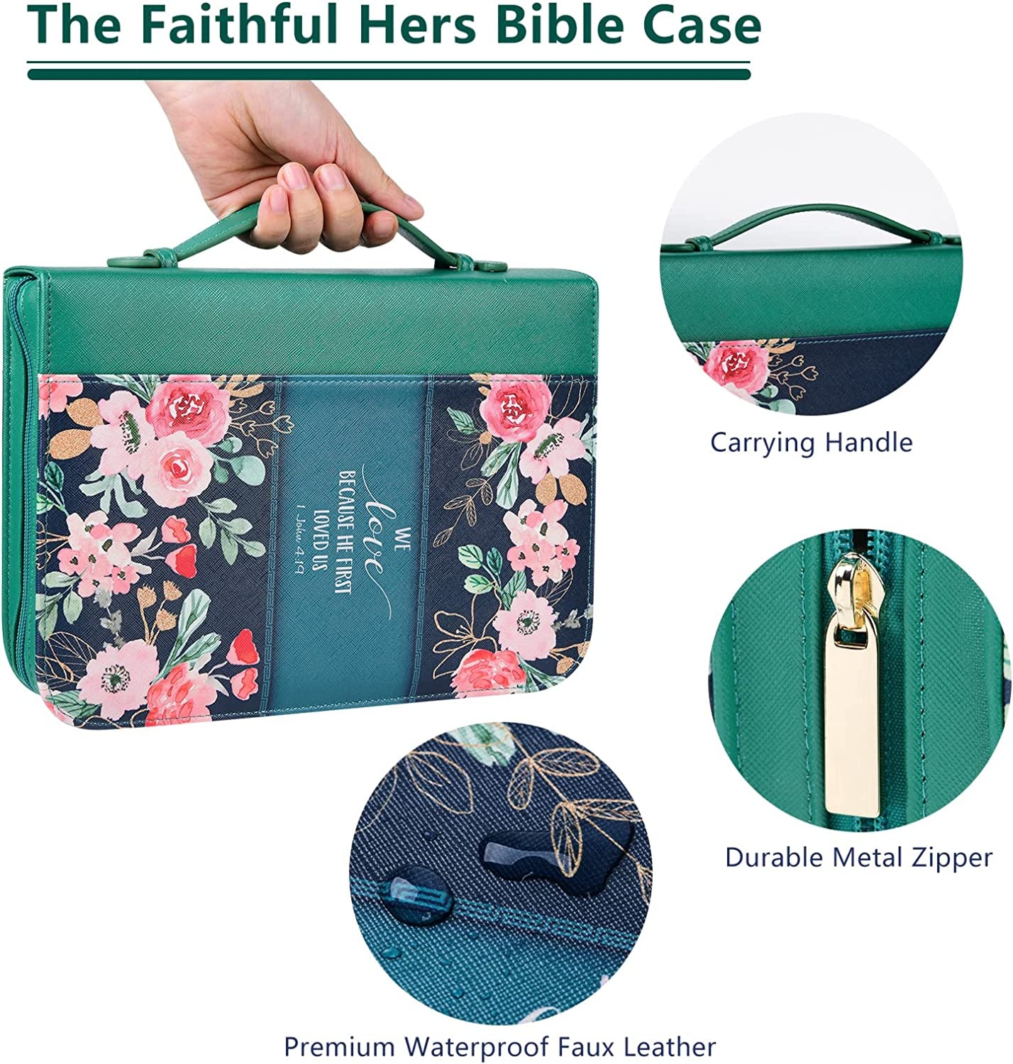 Bible Cover Case for Women with 7 Beautiful Paper Bookmarks Floral PU Leather Bible Cover Bag with Pockets and Zipper for Standard and Large Size Study Bible 10.8"X7.8"X2" (Dark Green)