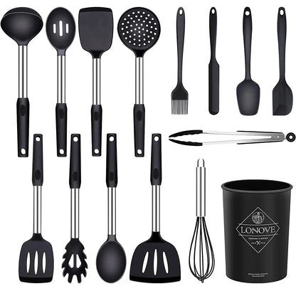 Silicone Cooking Utensil Set,14Pcs Silicone Cooking Kitchen Utensils Set, Non-Stick Heat Resistant - Best Kitchen Cookware with Stainless Steel Handle (Black)