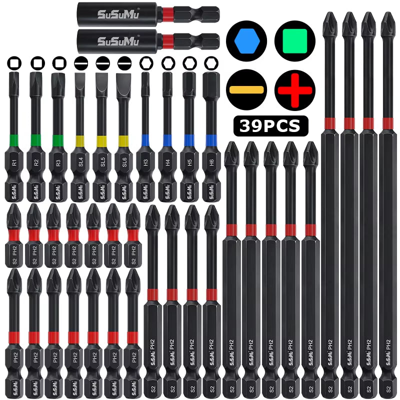 39Pcs Screwdriver Bit Set Strong Torque Screwdriver Impact Driver Bit Set Non-Slip Magnetic Batch Head Impact Screw Driver Bit