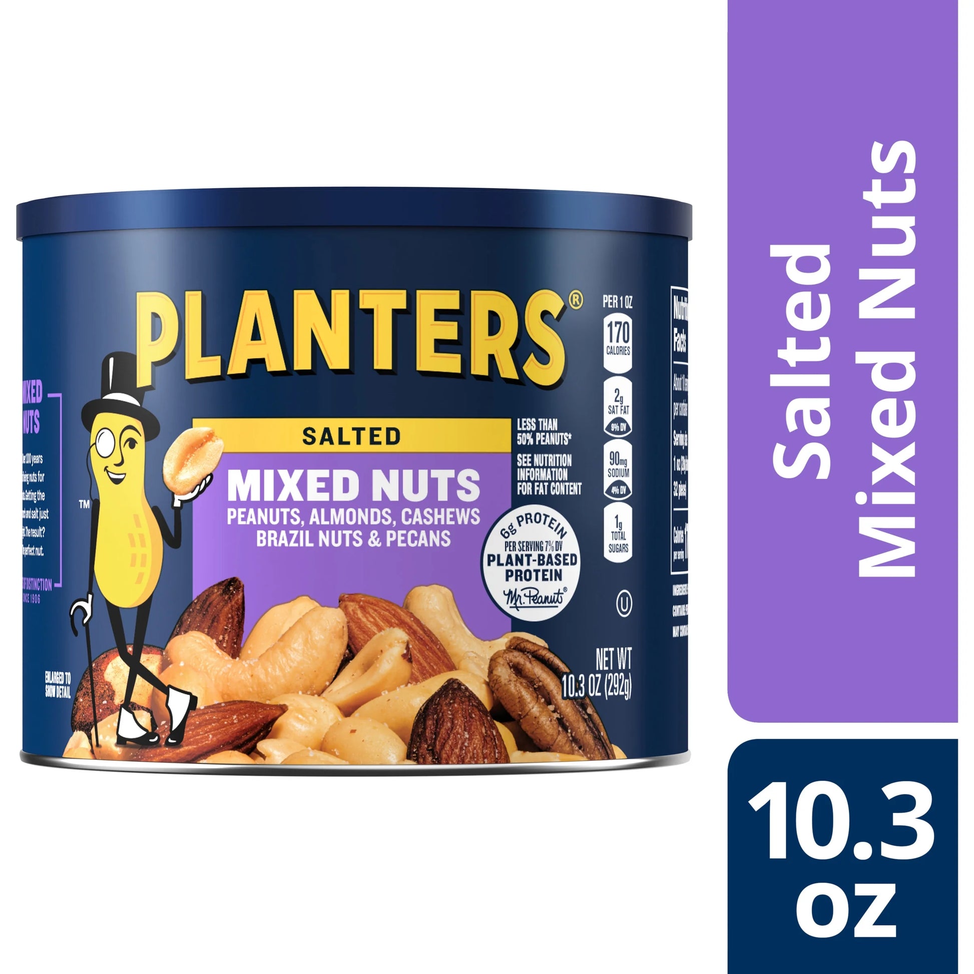 Salted Mixed Nuts, Party Snacks, Plant-Based Protein 10.3Oz (1 Canister)