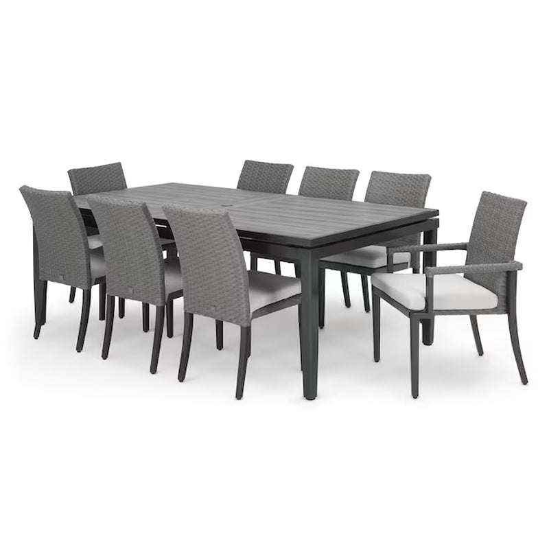 Vistano 9-Piece Weathered Gray Wicker Patio Dining Set Wicker Rectangle Table with 8 Gray Cushions Stackable Stationary Chairs