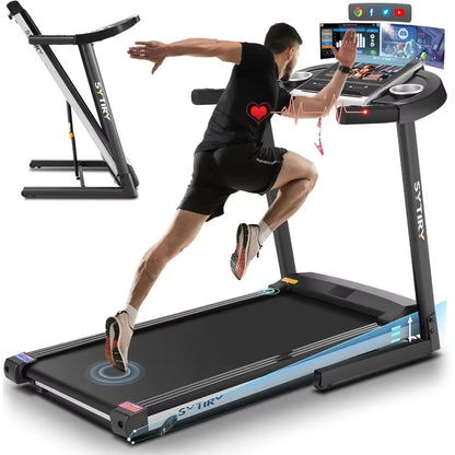 Treadmill with Touch Screen, 3.25HP Treadmills with TV and Wifi, Smart Foldable Treadmills with Music, Walking/Running Treadmill