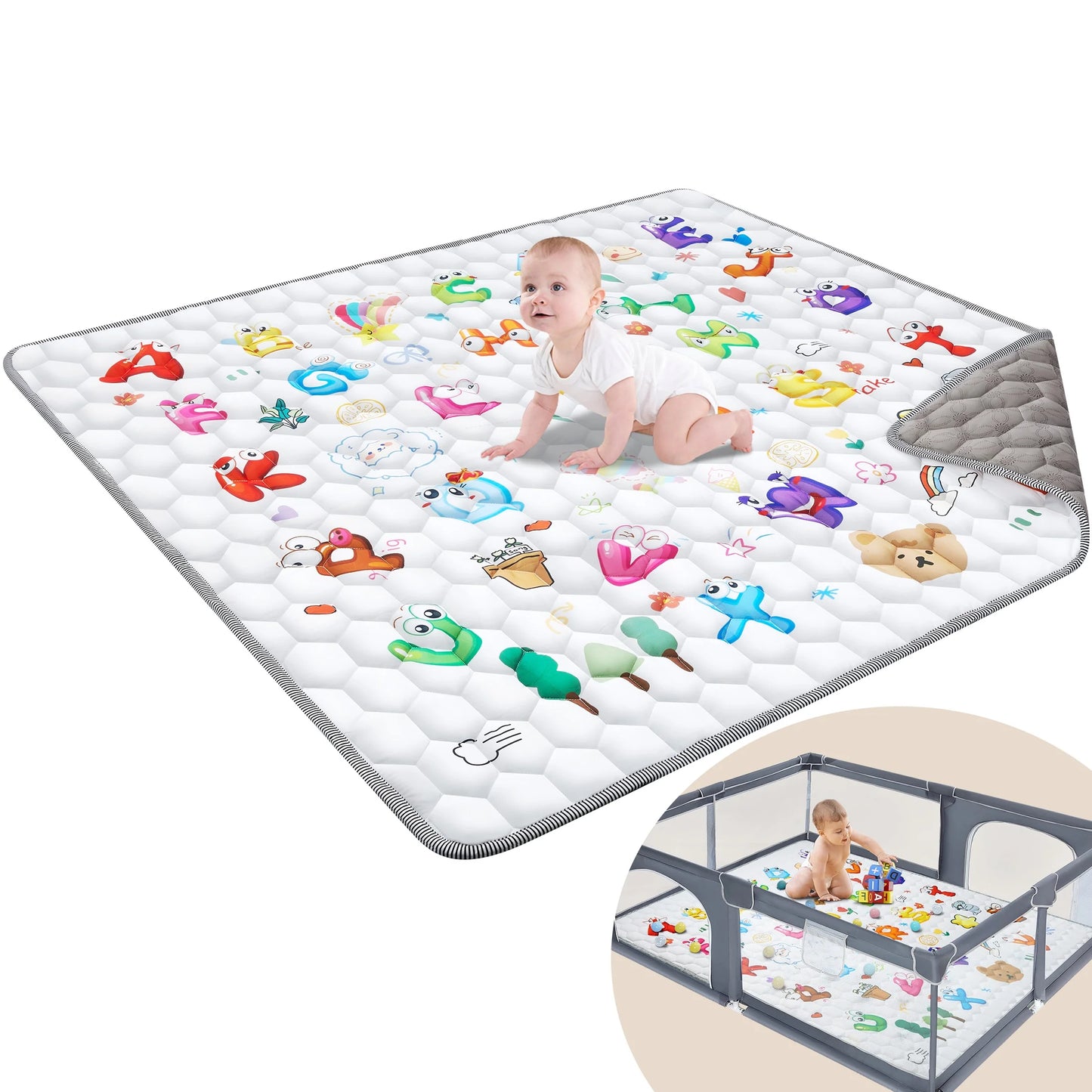 Baby Play Mat for Floor, Foldable Baby Play Mat 50" X 50",Thick One-Piece Crawling Tummy Time Mat, Non-Slip Cushioned Baby Playmat for Infants, Toddlers, and Washable Baby Plaype - Letter