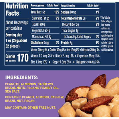 Salted Mixed Nuts, Party Snacks, Plant-Based Protein 10.3Oz (1 Canister)