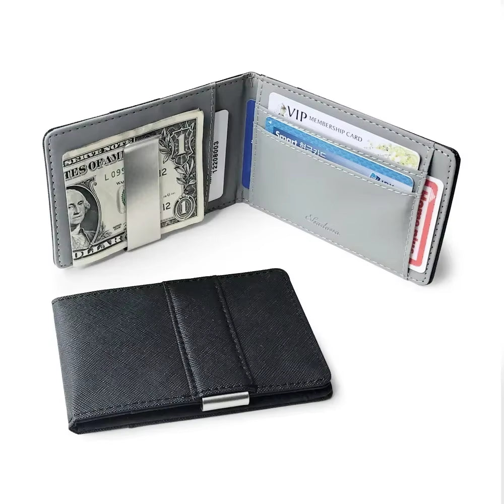 Hot Sale Fashion Solid Men'S Thin Bifold Money Clip Leather Wallet with a Metal Clamp Female ID Credit Card Purse Cash Holder