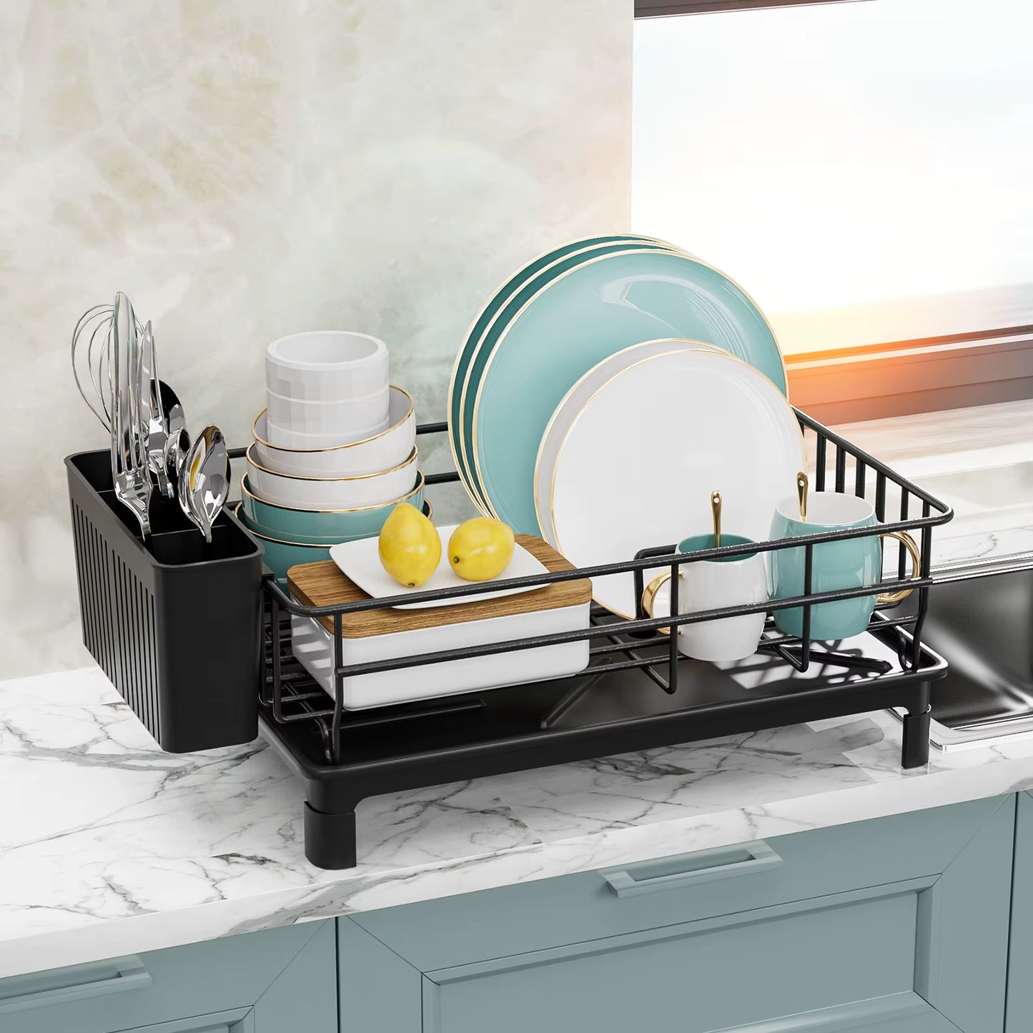 1Pc Dish Drying Rack Kitchen Countertop Tableware Storage with Automatic Drying Black White