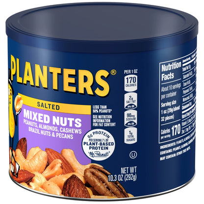 Salted Mixed Nuts, Party Snacks, Plant-Based Protein 10.3Oz (1 Canister)