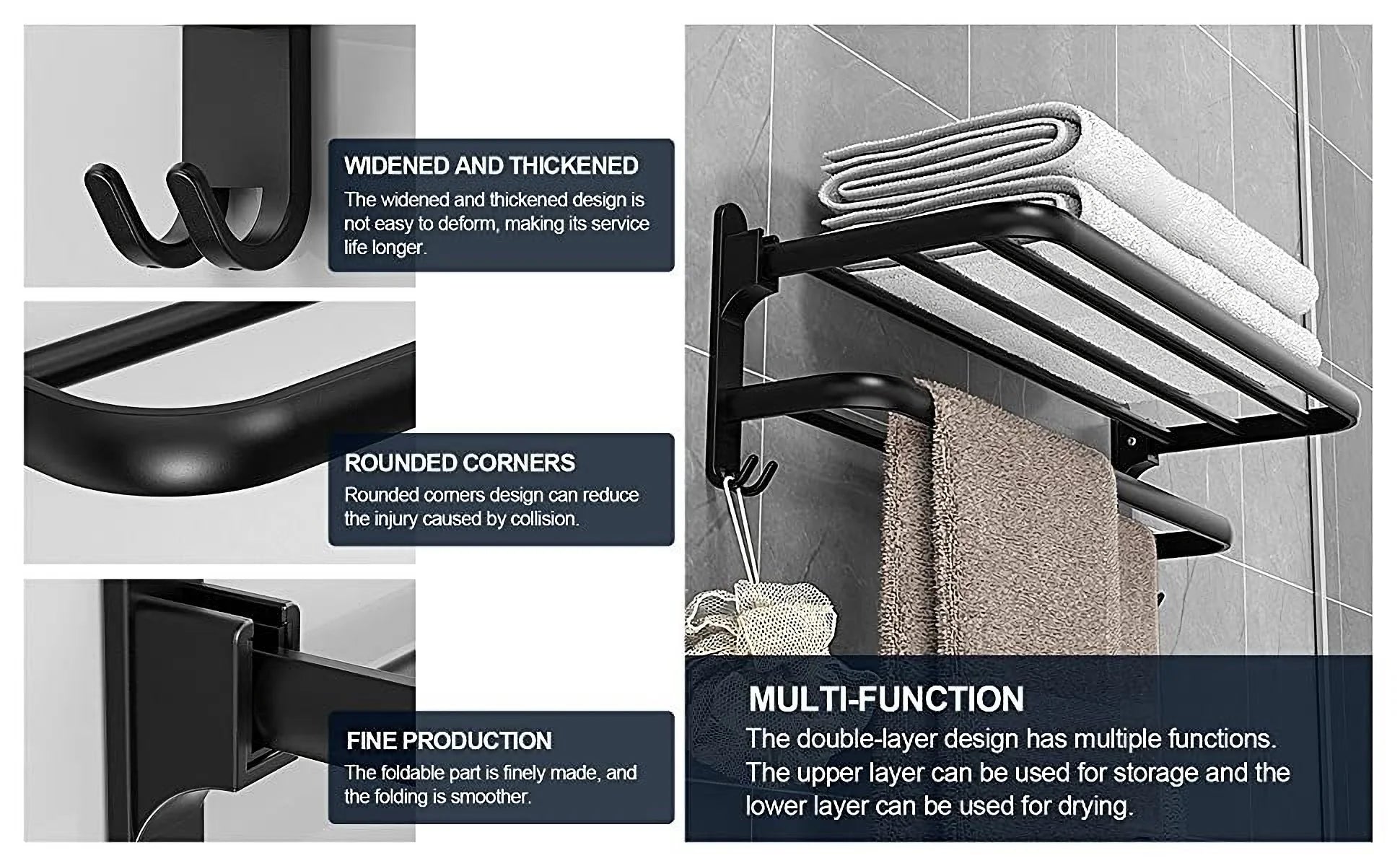 Towel Rack for Bathroom Towel Holder for Bathroom Wall Mounted,Black Towel Bar Storage