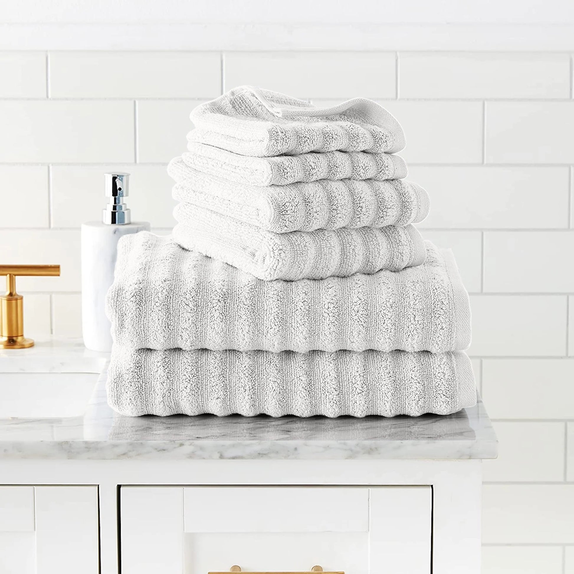 Wavy 6-Piece Adult Bath Towel Set, Quick Dry 100% Luxury Cotton, White