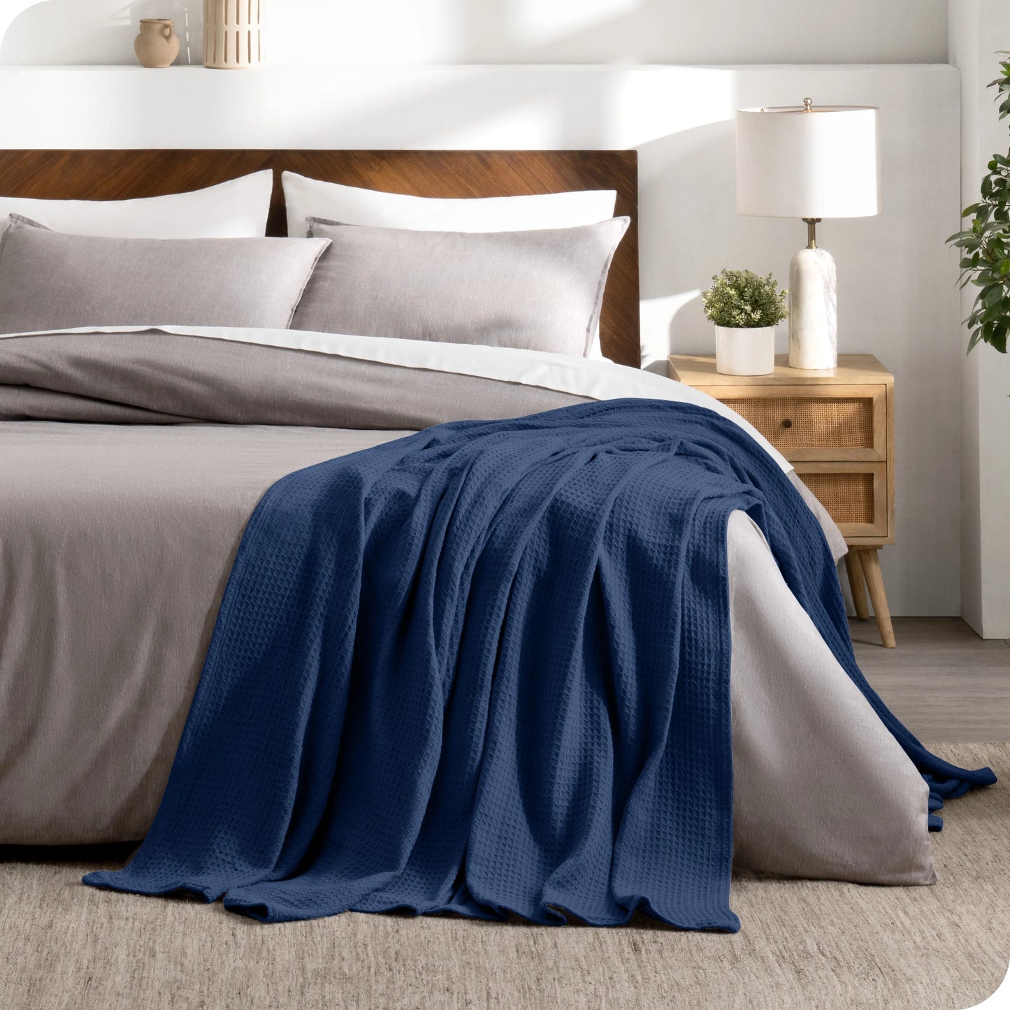 Waffle Blanket - 100% Cotton - Lightweight & Breathable - Full/Queen, Dark Blue