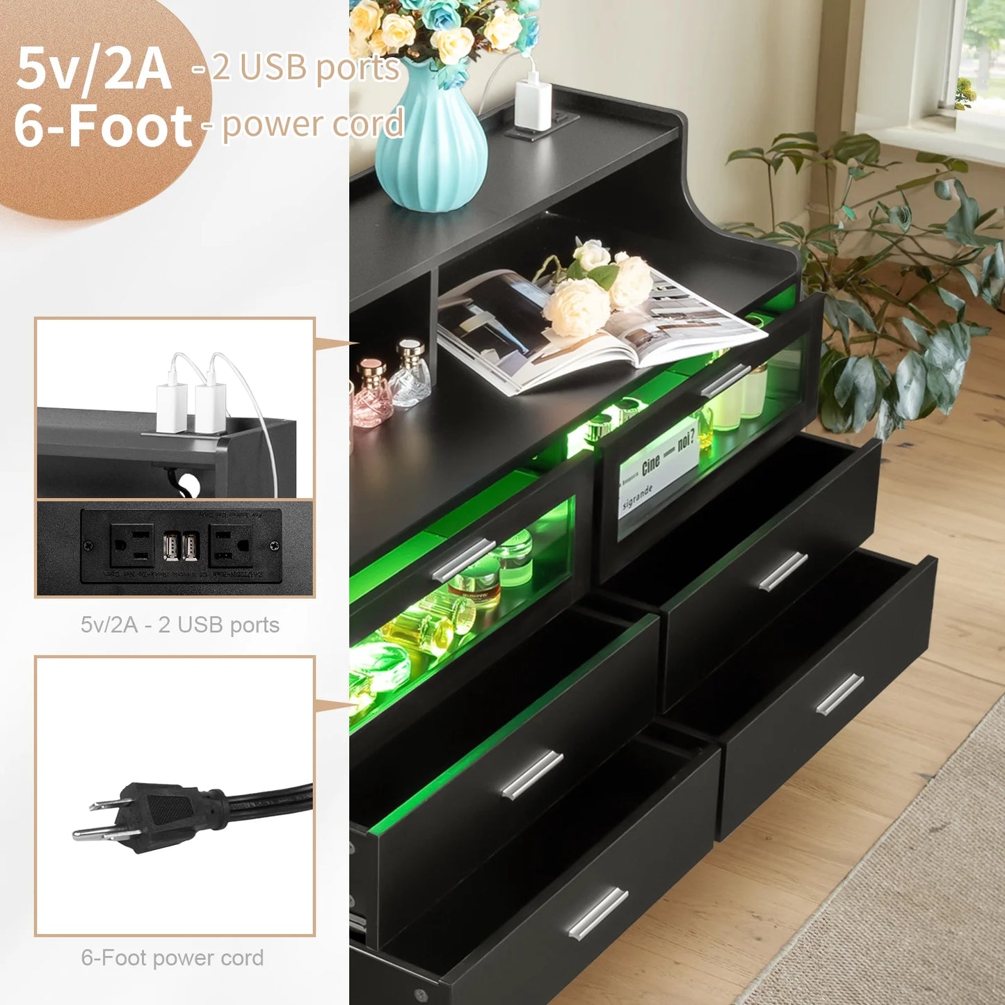 Ubesgoo Modern Black 6 Drawer Dresser with Charging Station, Bedroom Drawer Organizer with LED Light, Black Finish