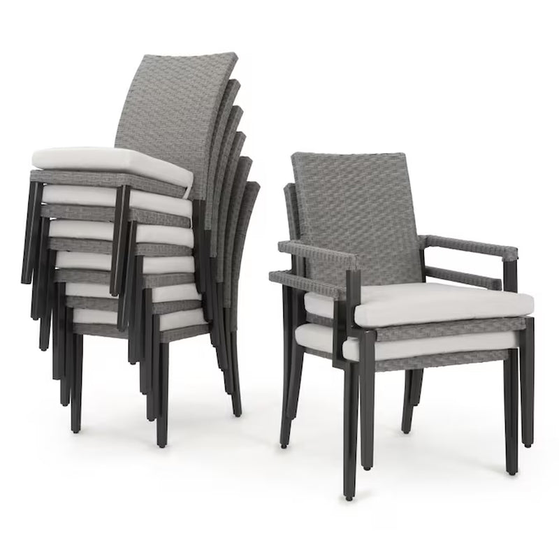 Vistano 9-Piece Weathered Gray Wicker Patio Dining Set Wicker Rectangle Table with 8 Gray Cushions Stackable Stationary Chairs