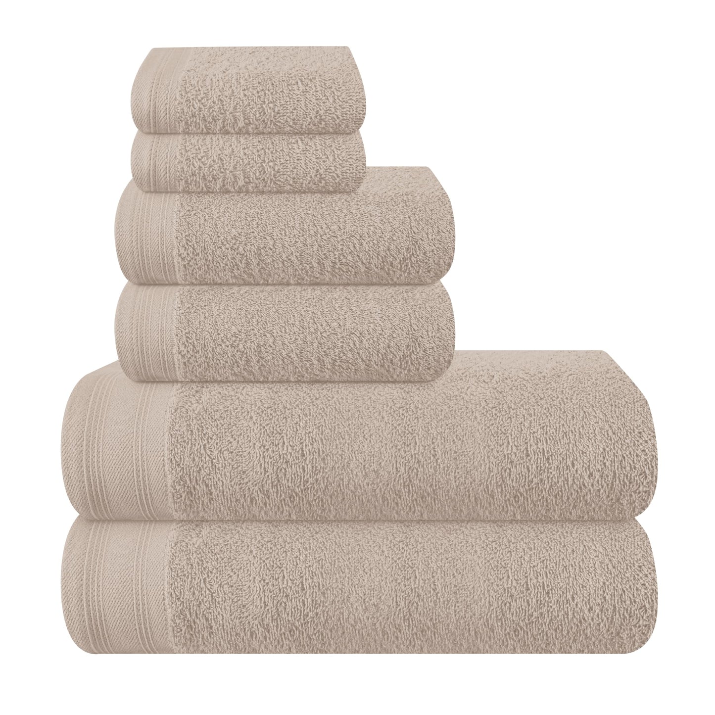 Ultra Soft 6 Pack Cotton Towel Sets, Contains 2 Bath Towels 28X55 Inch, 2 Hand Towels 16X24 Inch & 2 Wash Coths 12X12 Inch, Compact & Lightweight - Tan