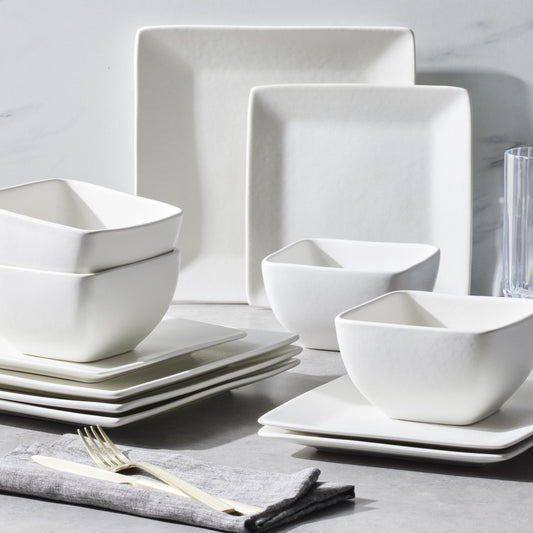 -Cream Square Stoneware 12-Piece Dinnerware Set