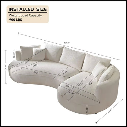 124.8" Modern Curved Sofa Couch, Upholstery Boucle Sofa with Pillows, Right Hand Facing Sectional Boucle Fabric Couch