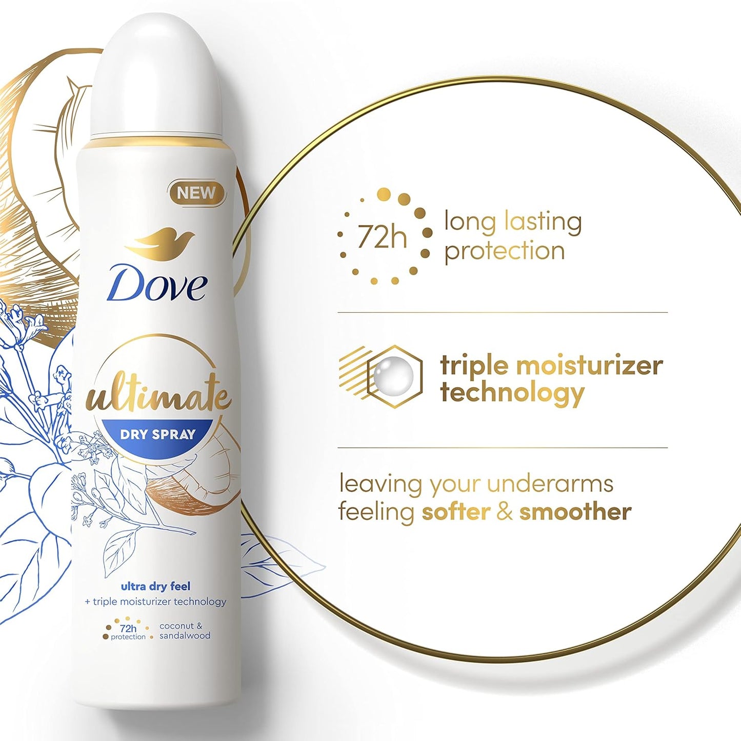 Ultimate Dry Spray Antiperspirant Coconut and Sandalwood 2 Count for 72-Hour Sweat and Odor Protection with Triple Moisturizer Technology 3.8Oz