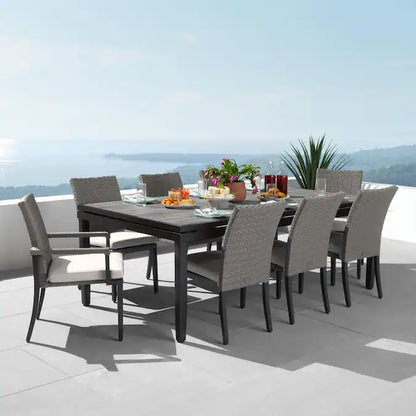 Vistano 9-Piece Weathered Gray Wicker Patio Dining Set Wicker Rectangle Table with 8 Gray Cushions Stackable Stationary Chairs