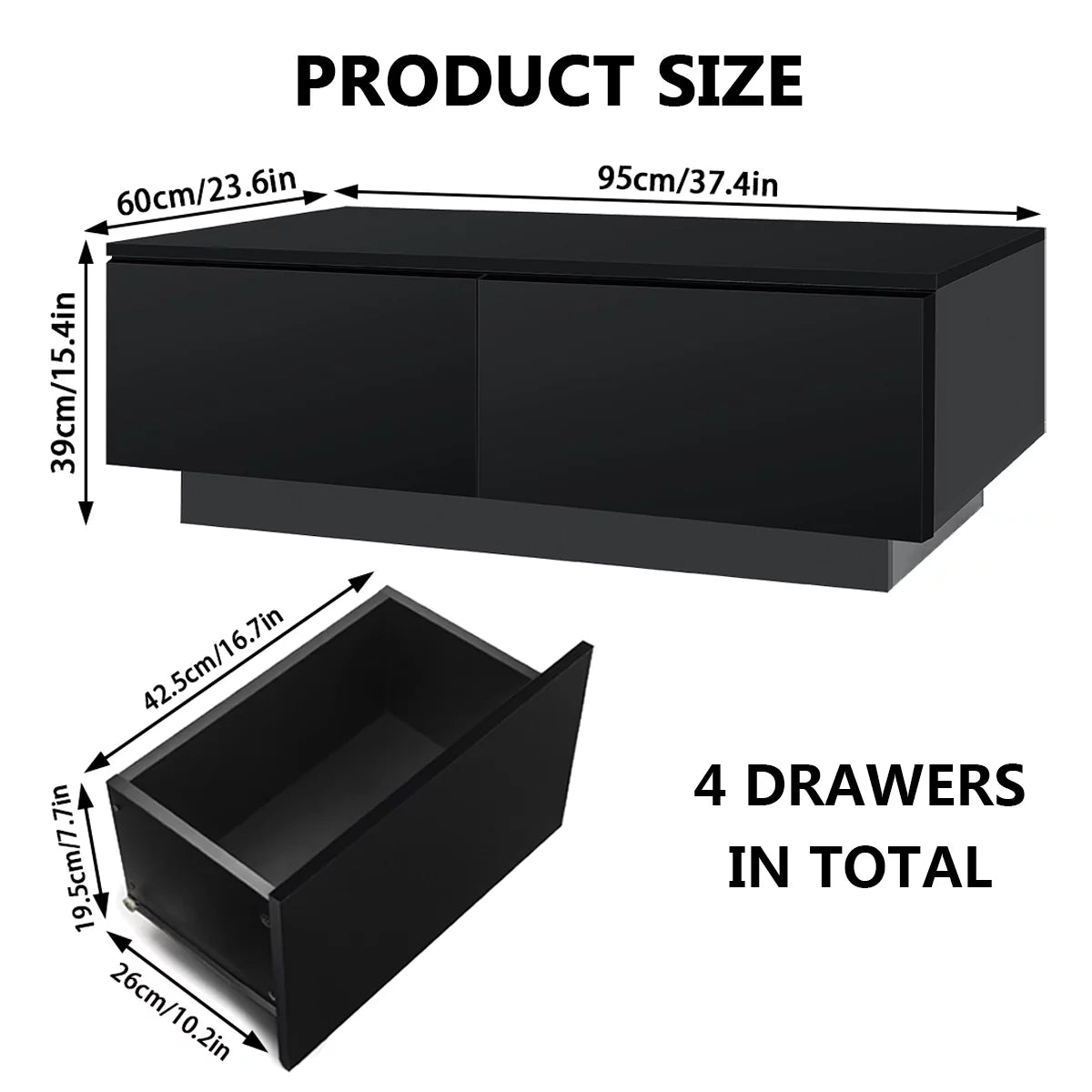 LED Coffee Table with 4 Drawers Modern Center Cocktail End Side Table Black High Gloss Finish for Living Room