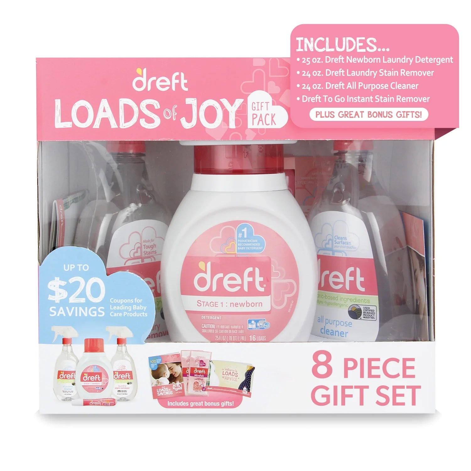 Loads of Joy Baby Gift Set with Laundry Detergent and Stain Remover, Infant Essentials, 16 Loads, 8 Pieces