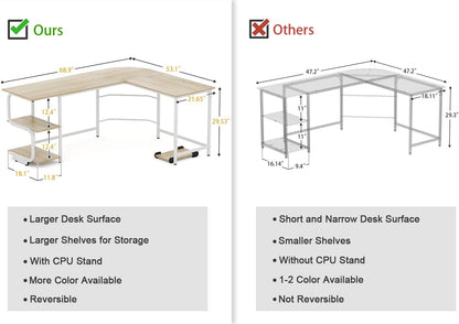 Reversible L Shaped Desk with Large Surface, 69 Inch Sturdy Corner Desk with Storage Shelves, Premium Office Computer Desk Workstation for Home Office Gaming