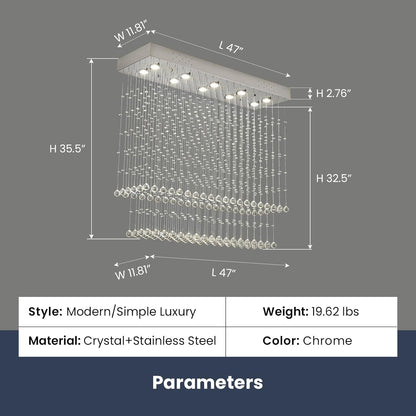 Modern Rectangular Crystal Chandelier Ceiling Lighting Fixture Raindrop Pendant 10 Lights Rectangle Crystal Chandeliers for Dining Rooms Foyer Entryway Kitchen L 47" X W 12" X H 35.5"